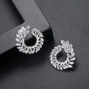 Leafy Branch Brass Micro Pave Clear Cubic Zirconia Stud Earrings